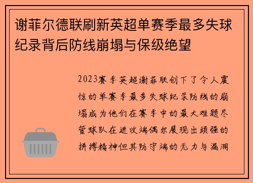 谢菲尔德联刷新英超单赛季最多失球纪录背后防线崩塌与保级绝望